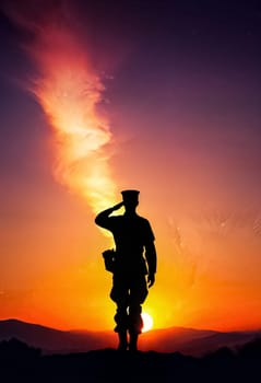 AI generated of a silhouette of a man in a military uniform with a sun on sunset sky