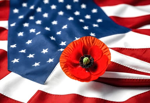 AI generated of a red poppy is on an american flag background