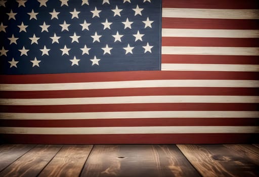 AI generated of an american flag painted on a wooden wall with a wooden table