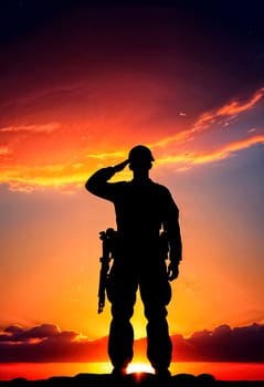 AI generated of a silhouette of a soldier with the sun behind him