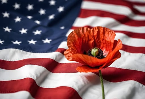 AI generated of a red poppy is in front of a american flag