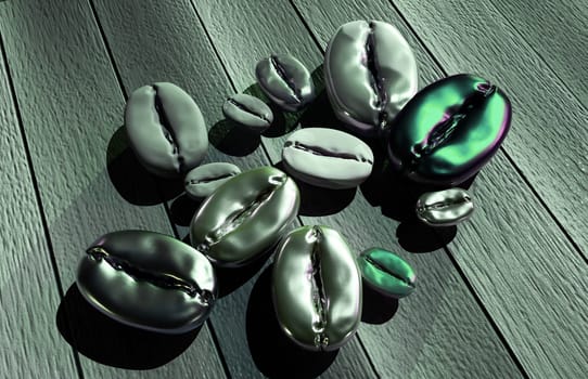 3D Rendering Coffee Beans on a Wooden Table