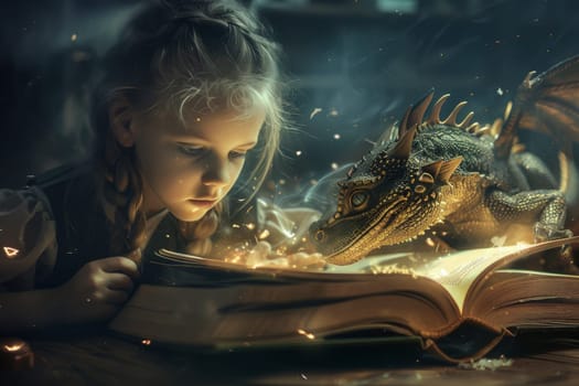 Young girl is immersed in a fantasy book beside her mythical dragon friend in a magical atmosphere