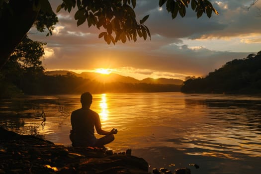 Silhouette of a person meditating by a serene river as the sun sets, creating a peaceful ambiance