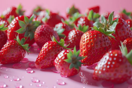 Close-up capture of luscious strawberries with water droplets on a pink surface, showcasing their vibrant freshness