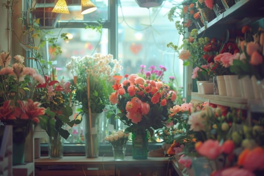 Cozy flower shop with a diverse selection of fresh blooms showcased in warm lighting