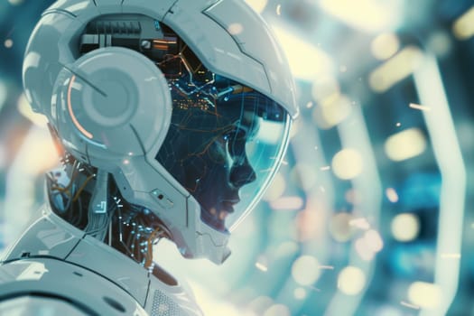 Detailed 3d rendering of a futuristic robot with human-like features, positioned against a blurred technological background