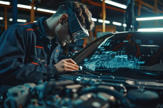 Modern workshop employs advanced electronic equipment for diagnosing cars by mechanic engineer