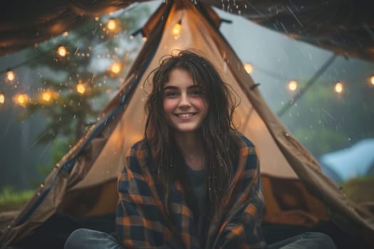 Smiling woman sits by a tent with twinkling lights, enjoying a rainy outdoor adventure