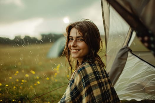 Happy girl wrapped in plaid enjoying nature by a tent in the gentle rain at twilight