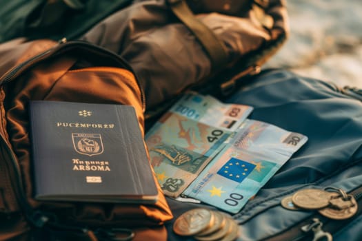 Eu passport with euro banknotes and coins on a backpack, symbolizing preparation for travel