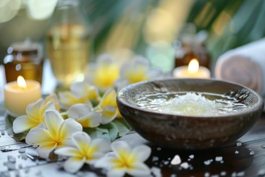 Tranquil spa arrangement featuring a salt soak, exotic blooms, lit candles, and aromatic oils