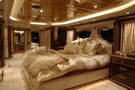 Opulent yacht cabin showcasing sophisticated decor, luxurious wood accents, and sumptuous bedding