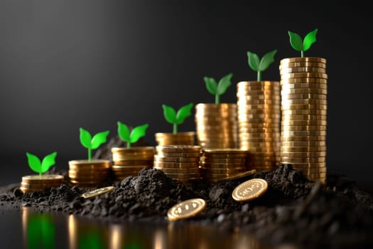 Piles of coins with fresh green shoots symbolizing financial investment and profit expansion