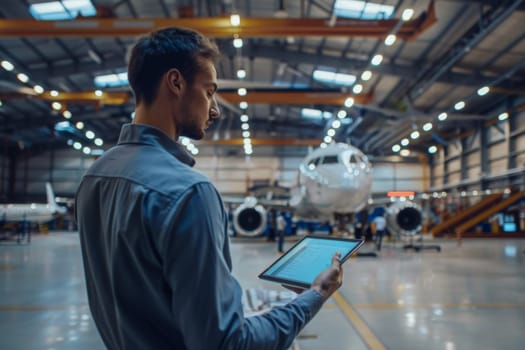 Concentrated engineer using a tablet to oversee the construction of an airplane in a hangar