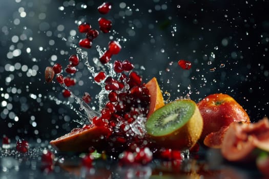Vibrant fresh fruits with water splashes against a dark backdrop