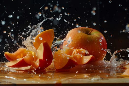 Water droplets scatter around a whole apple and sliced starfruit on a wooden surface, capturing the essence of freshness