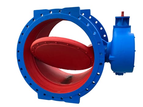Total view of a blue pipe flap from the pipe network construction in the dimension 1000 mm isolated on white.