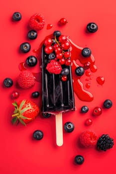 Dark blue fruit and berry popsicle, close up view. Blueberry, strawberry and raspberry flavor. AI generated