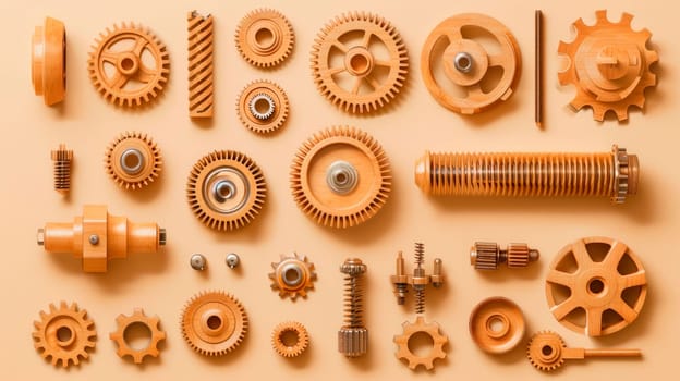 Flat lay composition of different wooden details. Top view background  of wooden gears and mechanisms. AI generated