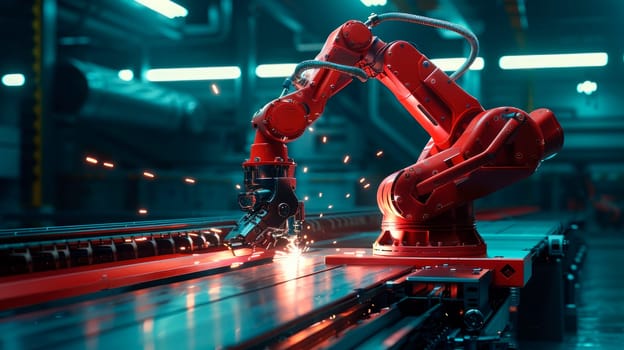 Industrial robot are welding in a modern factory. Industrial technology concept. Factory automation. AI generated