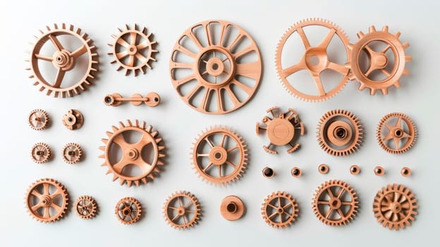 Flat lay composition of different wooden details. Top view background  of wooden gears and mechanisms. AI generated