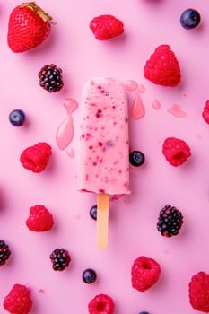 Pink berry popsicle, close up view. Blueberry, strawberry and raspberry flavor. AI generated