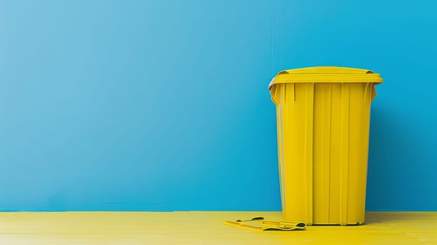 A yellow trash can sits upright in front of a bright blue wall. The contrast between the can and the wall creates a striking visual element in the urban scene.