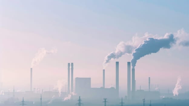 Thick plumes of smoke rise into the sky from the towering stacks of industrial buildings, casting a haze over the urban landscape. The grim scene depicts heavy pollution and environmental impact.