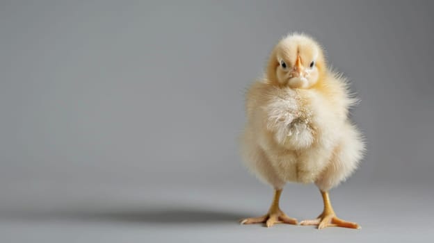A small chicken is seen standing upright against a plain gray background. The chicken appears alert and curious, with feathers ruffled slightly. Its eyes are bright and attentive, showcasing its natural behavior in an indoor setting.