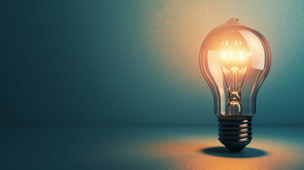 A bright light bulb shines against a deep blue background, illuminating the space around it. The bulb emits a soft, warm glow, creating a stark contrast with the cool-toned backdrop.