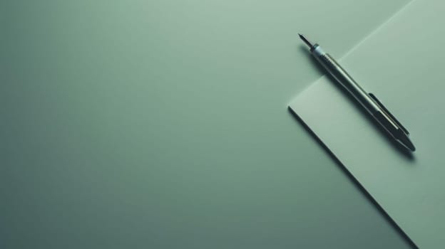 A pen is seen resting on top of a piece of white paper, with its tip touching the surface of the paper. The pen appears stationary, suggesting it was recently used or is waiting to be used.