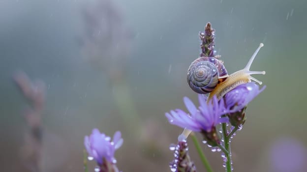 A snail is perched atop a vibrant purple flower, its spiral shell contrasting with the delicate petals. The snail appears to be exploring its floral perch, surrounded by lush green foliage.