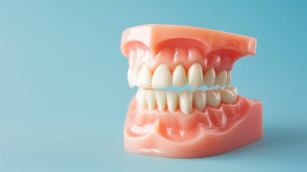 A detailed plastic model representing a human mouth featuring teeth arranged in a typical dental pattern. The model showcases various types of teeth, including incisors, canines, premolars, and molars, illustrating the structure of the oral cavity.