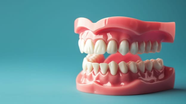 A plastic model representing a human mouth with detailed teeth structure. The model showcases the arrangement of incisors, canines, premolars, and molars in a realistic manner for educational purposes.