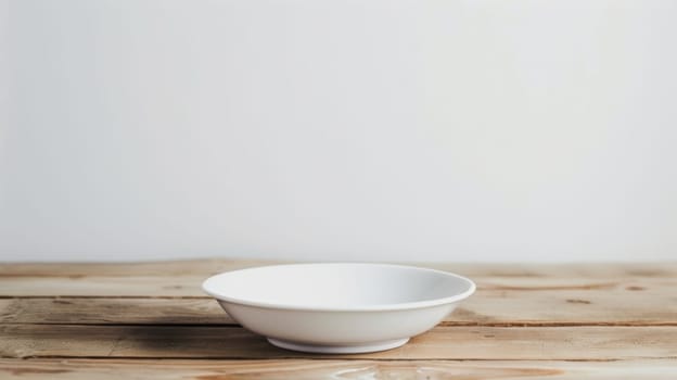 A white bowl is placed on top of a wooden table. The bowl appears clean and empty, contrasting against the textured surface of the wooden table.