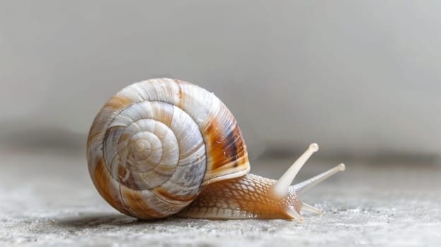 A detailed view of a snail moving slowly across the ground, leaving a trail of slime behind. The snails shell is prominently displayed as it navigates its environment.