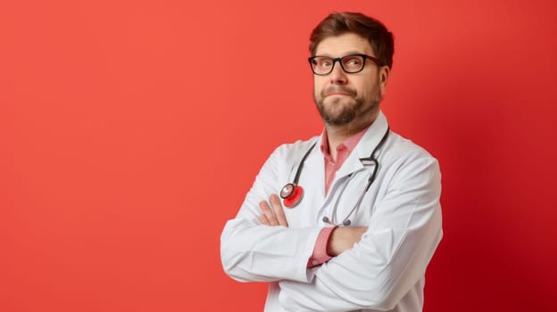 A man wearing a stethoscope stands with a confident posture, crossing his arms. He appears professional and engaged in his work.