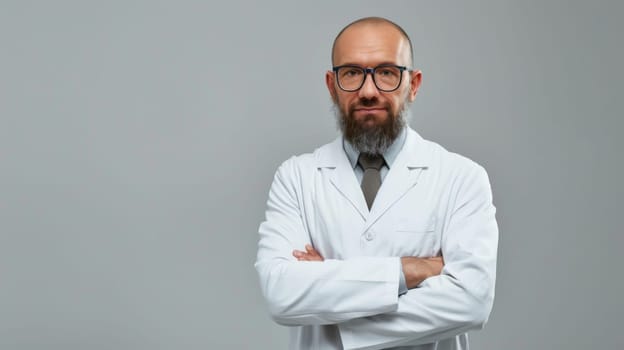 A man with a beard is wearing a white lab coat, indicating his profession in the field of science. He appears to be conducting research or experiments in a laboratory setting. The lab coat suggests he is likely a scientist or researcher working on various scientific projects.