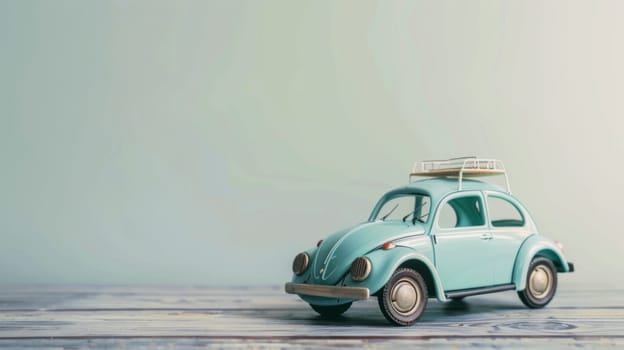 A small blue car parked with a surfboard attached to the roof, ready for a beach adventure. The car stands out against the backdrop with the surfboard adding a touch of outdoor excitement.