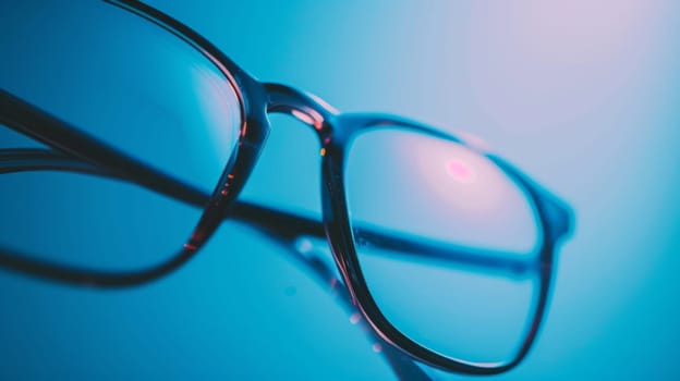 A pair of glasses is casually placed on top of a smooth blue surface. The glasses appear to be stationary and undisturbed, creating a simple yet intriguing composition.