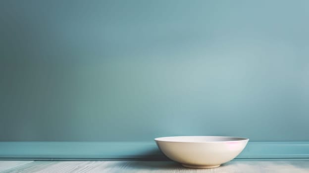 A simple white bowl sits atop a sturdy wooden table, creating a stark yet elegant contrast between the two surfaces. The bowl appears empty, its smooth surface reflecting the surrounding light.