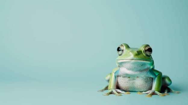 A green frog is perched on top of a smooth blue surface. The frog looks calm and alert as it sits in a relaxed position. The contrast between the vibrant green of the frog and the cool blue of the surface creates a visually striking scene.