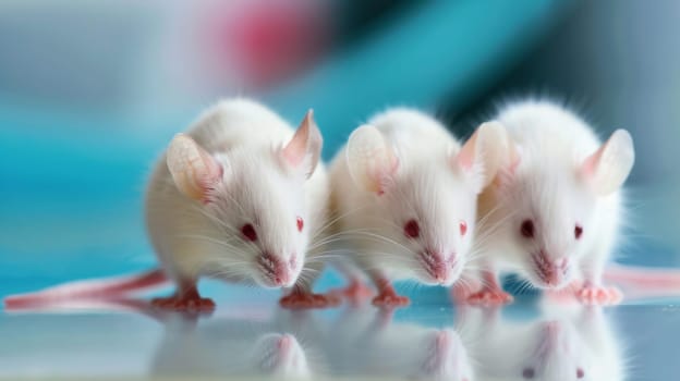 Three white mice are perched on a table, their small noses twitching as they sit still. Each mouse has a distinct pose, with their whiskers alert. The table surface is smooth and clean, highlighting the contrast of the white mice against it.