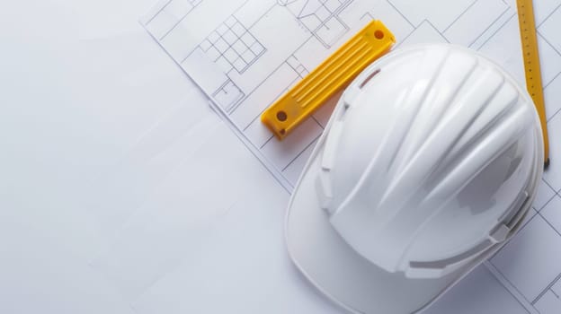 A hard hat and ruler placed strategically on top of a blueprint, symbolizing construction planning and measurement process. The hard hat is a symbol of safety in construction sites, while the ruler signifies precise measurements and accuracy.