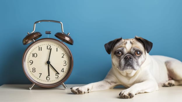 A pug dog is laying down next to an alarm clock. The pugs relaxed posture contrasts with the urgency conveyed by the setting alarm clock. The scene captures a moment of juxtaposition between leisure and necessity.
