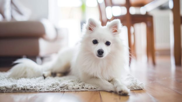 A white dog is peacefully lying down on a rug in a cozy living room. The dogs relaxed posture contrasts with the neatness of the room, creating a harmonious scene.