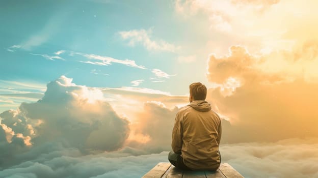 A man is seated on a bench, gazing upwards at the clouds in the sky. He appears contemplative as he takes in the cloud formations above him.