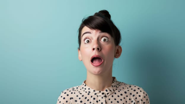 A woman is depicted with a look of surprise, her eyes wide open and mouth slightly agape. She appears shocked or amazed by something unexpected.