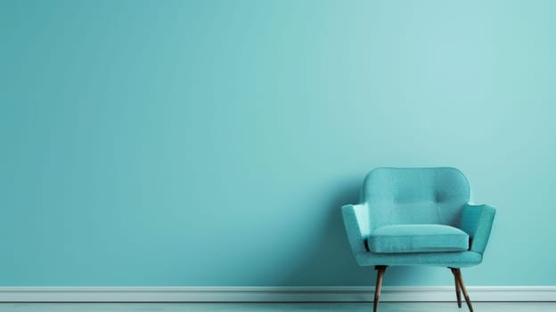 A blue chair is positioned in front of a blue wall, creating a cohesive color scheme. The chair is stationary and empty, while the wall serves as a simple background.